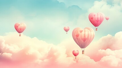 Obraz premium Heart-Shaped Hot Air Balloons Floating in Dreamy Sky with Pink Clouds