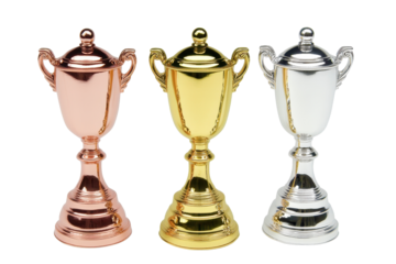 Three shiny trophies (golden, silver and bronze) on transparent background, png