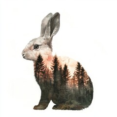 Naklejka premium artistic double-exposure digital illustration featuring a rabbit with a forest scene within its silhouette