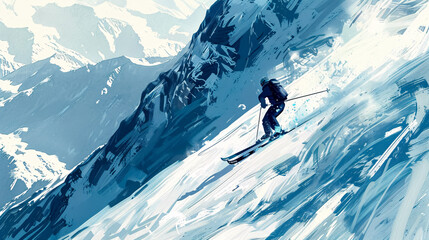 Skier descending a sunny slope in the high mountains.