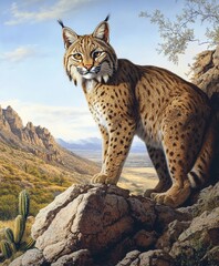 Obraz premium powerful bobcat surveys vast desert landscape from elevated rocky perch its muscular form and distinctive spotted coat perfectly adapted for southwestern terrain