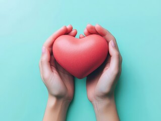 Obraz premium A pair of hands gently holds a vibrant red heart against a soothing teal background, symbolizing love and care.