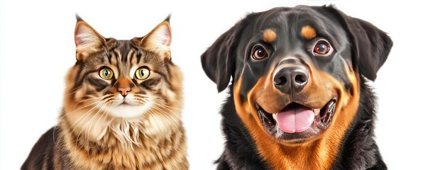 Fototapeta premium A fluffy cat and a cheerful Rottweiler face each other, showcasing the unique features of both animals against a clean, white background.