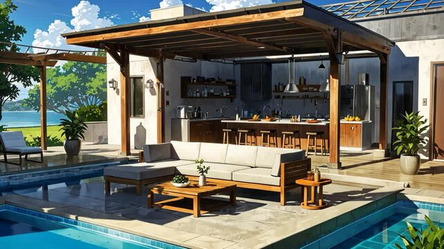 Video footage of luxurious outdoor patio with a pool, shaded seating area under a wooden pergola, and an open kitchen with bar stools