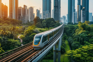 Naklejka premium Modern urban elevated train passing through lush greenery towards a bustling cityscape at sunset with eco-friendly surroundings