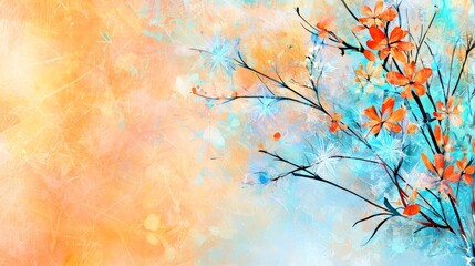 Fototapeta premium A painting of orange flowers on a blue and orange background