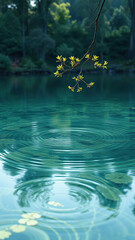 Naklejka premium Ripples on the surface of crystal clear water caused by a tree branch being swayed in the wind, tree branch in water, natural scenery, calming effects, serene landscape, outdoor scene