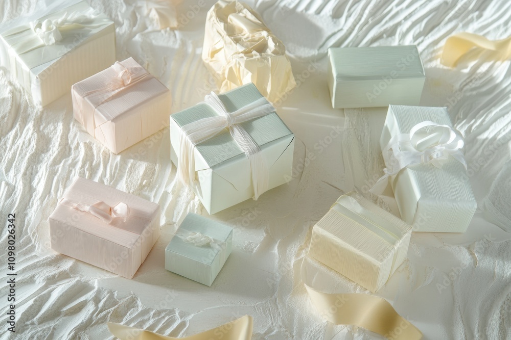 Poster beautifully designed gift boxes in soft pastel colors with elegant ribbons, creating a charming disp
