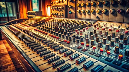 Vintage Style Control Panel for Sound Management with Retro Aesthetic in a Studio Environment, Featuring Analog Dials and Vintage Microphones for Recording Nostalgia