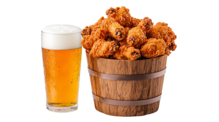 Crispy fried chicken and beer glass kitchen food photography warm setting indulgent concept