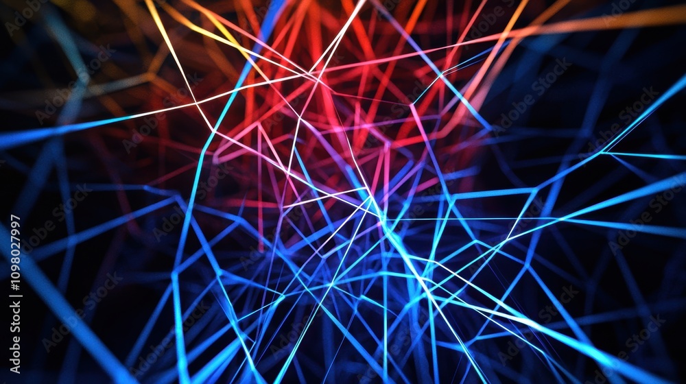 Poster abstract light installation with vivid colors creating a complex network of lines