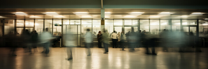 Obraz premium Long Exposure View of People Moving in Hospital Hallway.