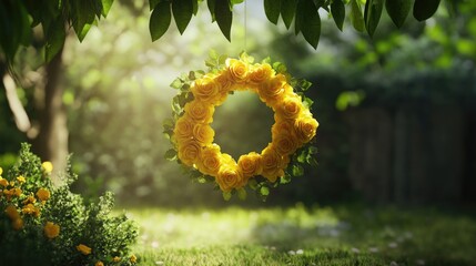 Obraz premium Yellow rose wreath hanging in a garden.