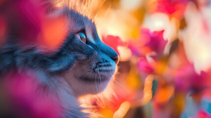 Gray Cat Profile Amidst Vibrant Pink Flowers