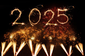 Sparkling Fireworks Display Celebrating New Year 2025 Eve in Night Sky