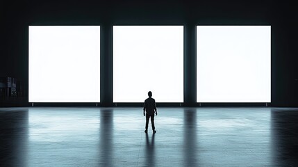 Obraz premium Silhouetted person facing three blank, bright screens in a dark room.