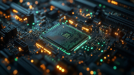 Obraz premium Exploring the intricate details of a green-lit circuit board filled with glowing connections and micro components in a tech environment.