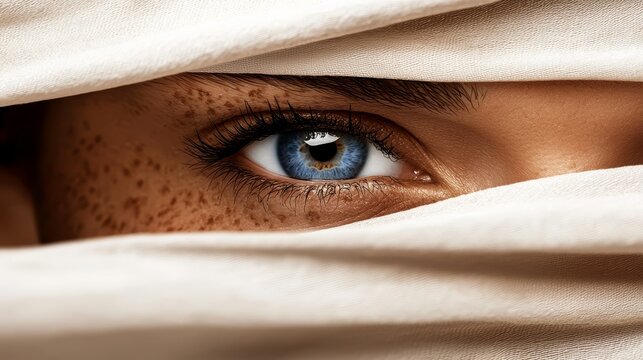  A close up of a person's blue eye peeking out from behind a white sheet