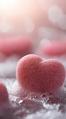Fototapeta premium Heart shaped soap suds on sponge create whimsical and playful scene, evoking feelings of joy and love. soft pink color adds gentle touch to composition