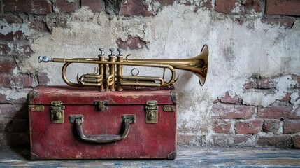 Fototapeta premium Trumpet on vintage suitcase.