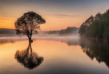 Obraz premium Sonnenaufgang über einem ruhigen See