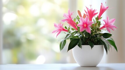 Fototapeta premium Pink Flowers in a White Pot Indoor Plant