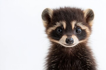 Mystic portrait of baby Cozumel Raccoon in studio, copy space on right side, Headshot, Close-up View, isolated on white background