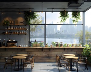 Modern Cafe Interior with City View