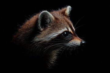 Fototapeta premium Mystic portrait of Cozumel Raccoon in studio, copy space on right side, Headshot, Close-up View, isolated on black background