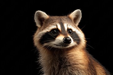 Fototapeta premium Mystic portrait of Crab-eating Raccoon in studio, copy space on right side, Headshot, Close-up View, isolated on black background
