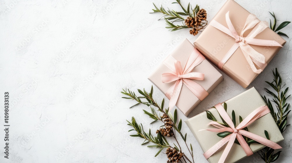 Poster Three elegant gift boxes with pastel ribbons are arranged with greenery and pinecones, creating a charming festive atmosphere for giving. Generative AI