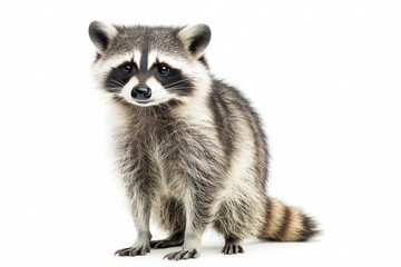 Fototapeta premium the beside view Crab-eating Raccoon standing, left side view, low angle, white copy space on right, Isolated on White Background