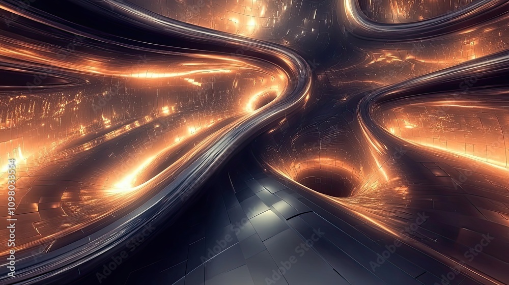 Poster abstract metallic structure with glowing lines and a central void