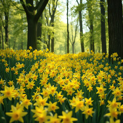 Obraz premium Vibrant yellow daffodils blooming in a lush forest setting, nature, springtime