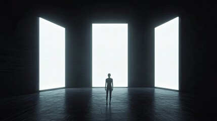 Obraz premium Silhouette of person facing three luminous panels in a dark room.