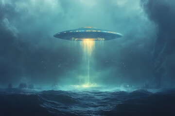 Obraz premium A glowing metallic UFO entering a hidden underwater cave, surrounded by coral and marine life, with beams of light piercing through the deep ocean water. 