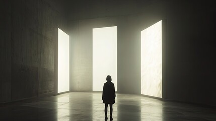 Obraz premium Woman Silhouette Stands Before Luminous Doors in a Dark Room