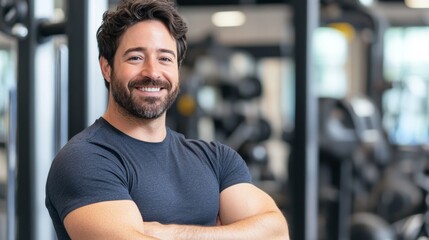 Portrait of a male personal trainer in a gym, showcasing his fitness expertise and professionalism, ready to assist clients with training and wellness goals