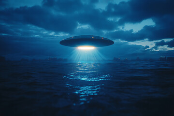 Obraz premium A glowing UFO descends into a bioluminescent underwater environment, with faint outlines of a hidden underwater facility in the distance, blending mystery and futuristic sci-fi. 