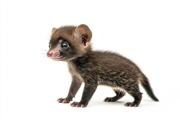 the beside view baby Common Palm Civet standing, left side view, low angle, white copy space on right, Isolated on White Background