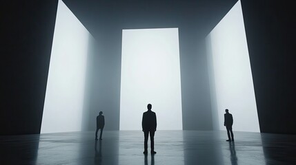 Obraz premium Silhouetted Figures Stand Before Bright White Walls