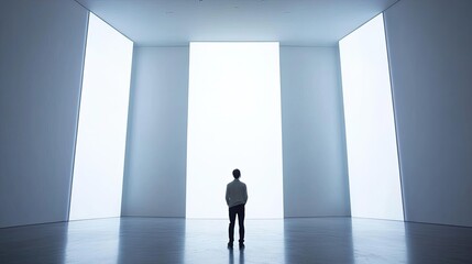 Fototapeta premium Person Viewing Bright Illuminated Walls in Gallery