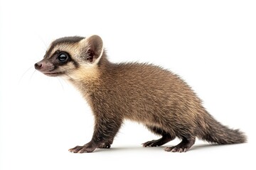 Fototapeta premium the beside view baby Common Palm Civet standing, left side view, low angle, white copy space on right, Isolated on White Background