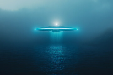 Obraz premium A glowing UFO descends into a bioluminescent underwater environment, with faint outlines of a hidden underwater facility in the distance, blending mystery and futuristic sci-fi. 