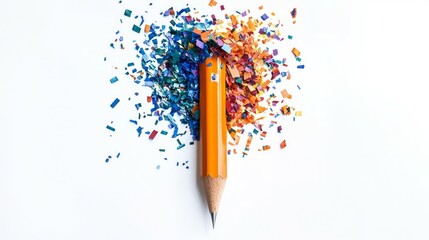 Sharpened colored pencils lying on a pile of shavings from pencil sharpeners.