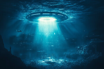 A glowing UFO dives into the ocean, creating splashes and illuminating the dark water, hinting at the presence of a secret underwater base.
