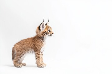 Obraz premium the beside view baby Lynx pardinus standing, left side view, low angle, white copy space on right, Isolated on White Background