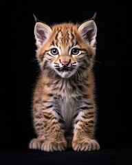 Naklejka premium the baby Lynx rufus front view, white copy space on right, Isolated on black Background