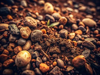 Obraz premium Vintage Style Photography of Close-Up Rich Dark Soil Blending with Small Rocks and Pebbles Capturing Nature's Raw Beauty and Textural Depth for Earthy Aesthetic Lovers