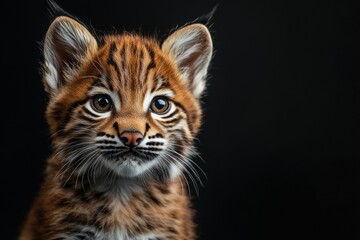 Naklejka premium Mystic portrait of baby Lynx pardinus in studio, copy space on right side, Headshot, Close-up View, isolated on black background